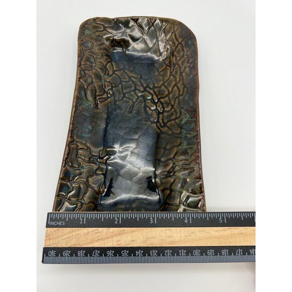 Signed Art Pottery Rectangle Reptile Design Texture Brown Green Shiny Glaze Dish - Picture 11 of 11